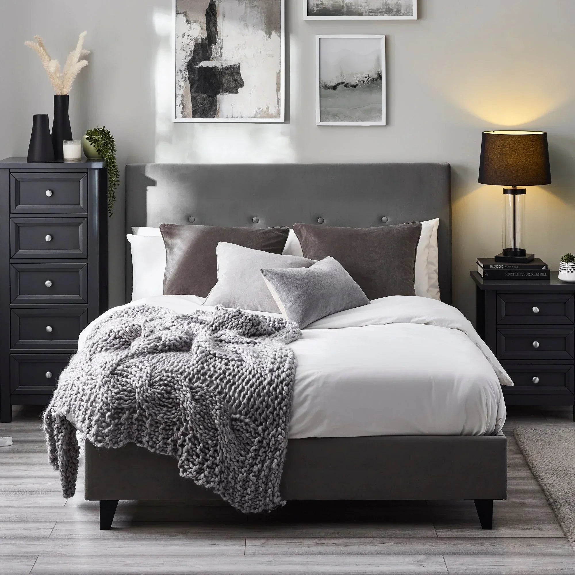 Shoreditch High headboard bed in grey velvet with matching cushions and knitted throw
