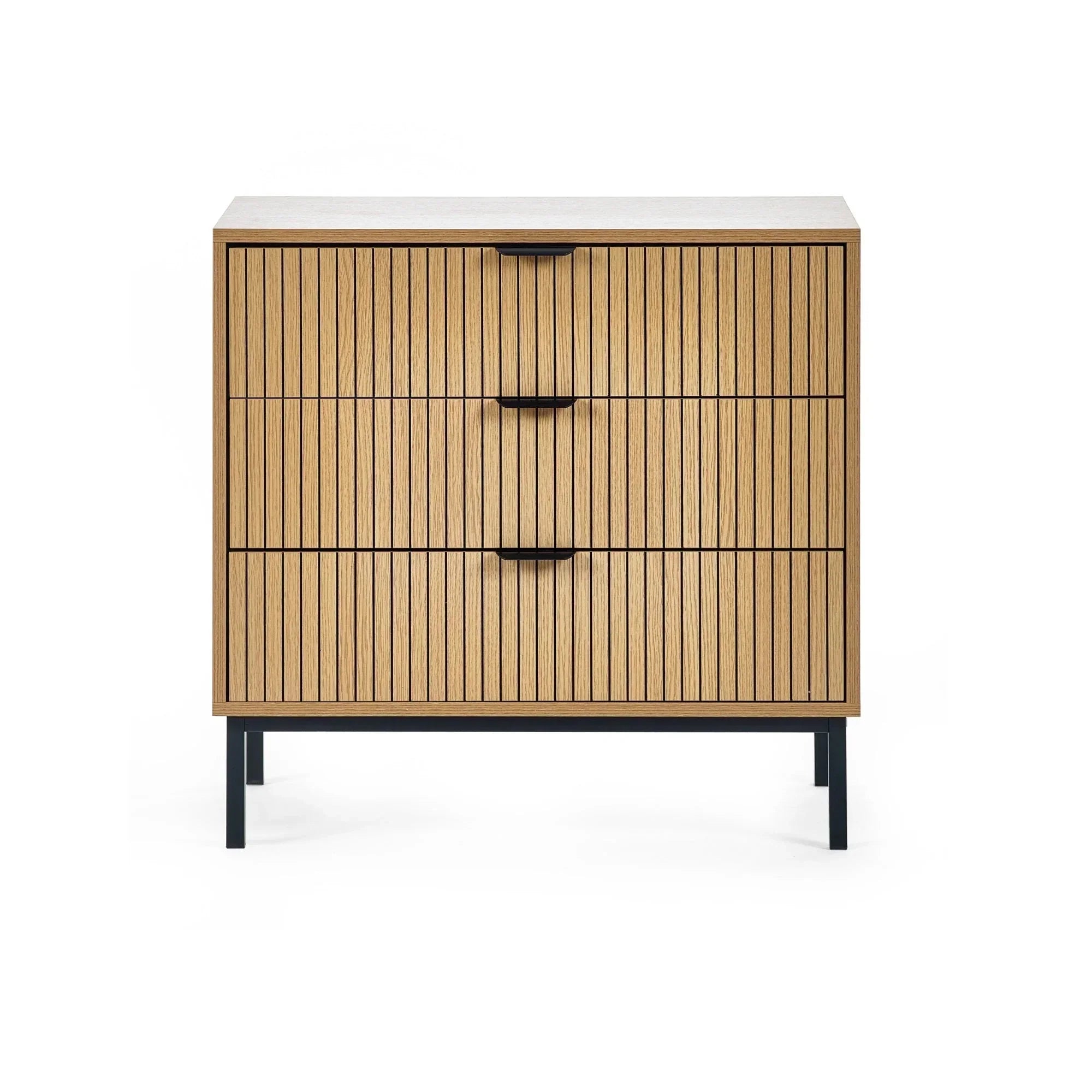 Oak chest of drawers with vertical slatted fronts and black metal legs on white background