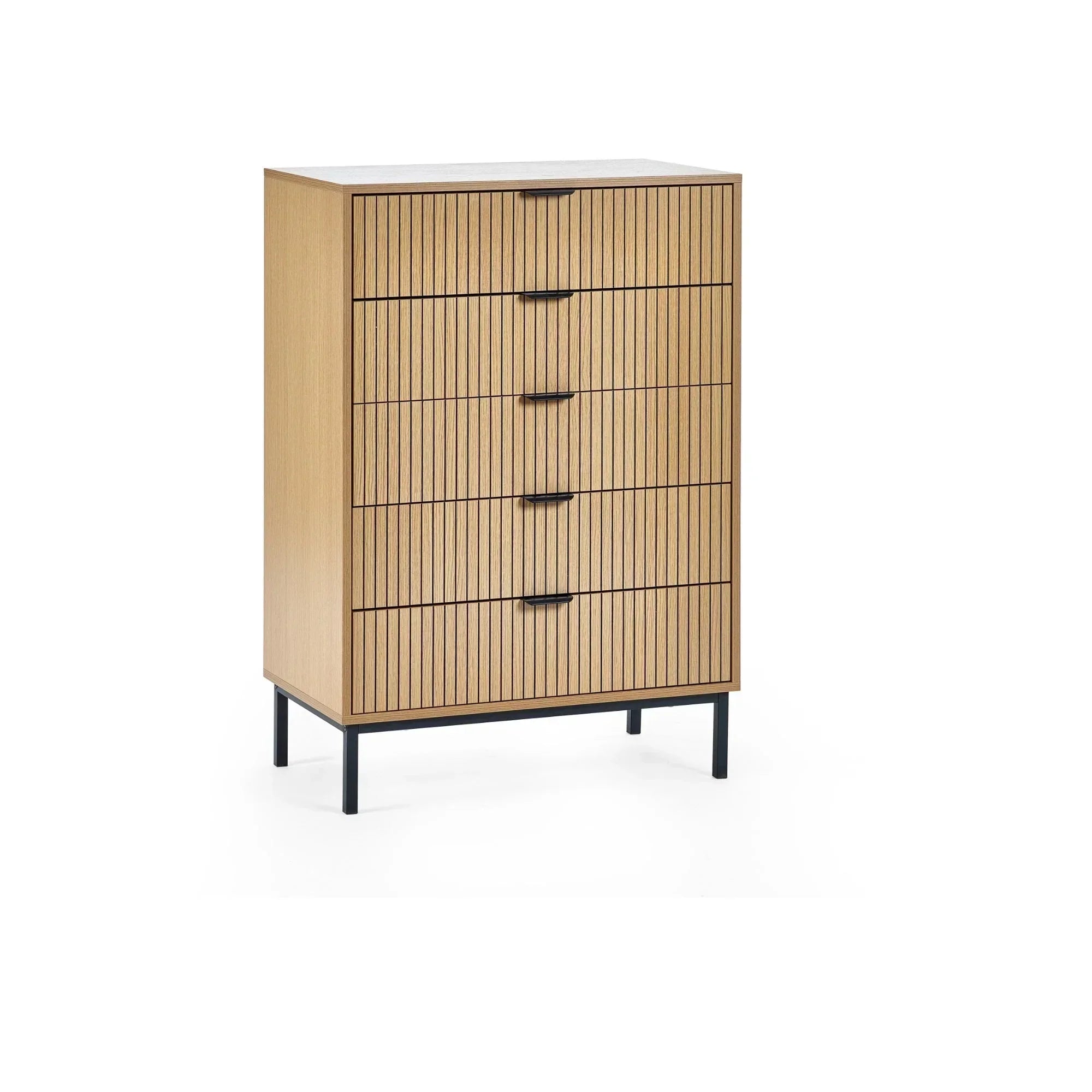 Modern wooden chest of drawers with vertical slat design and black metal legs