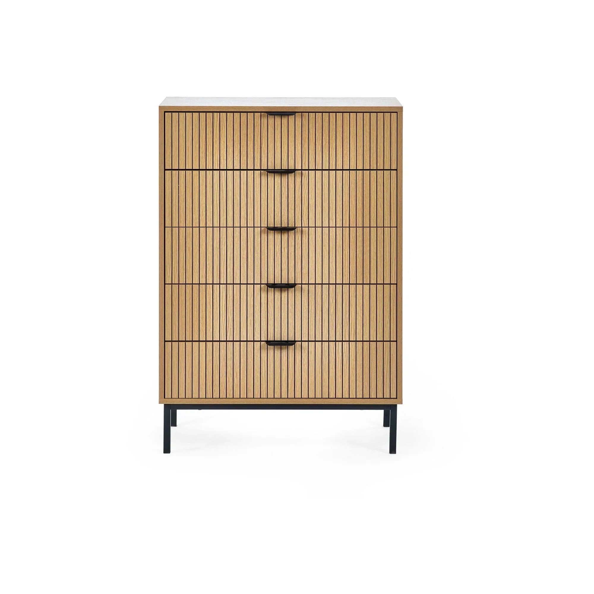 Modern wooden chest of drawers with vertical slats and black metal legs, front view