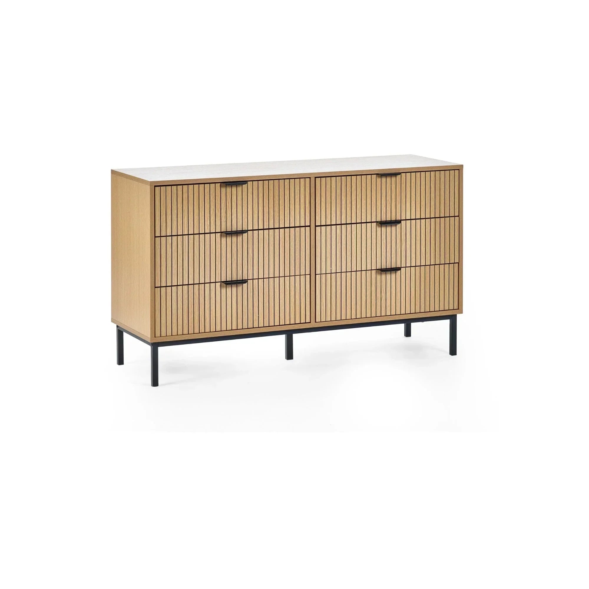 Oak six drawer chest with vertical groove detailing and black metal legs, angled view