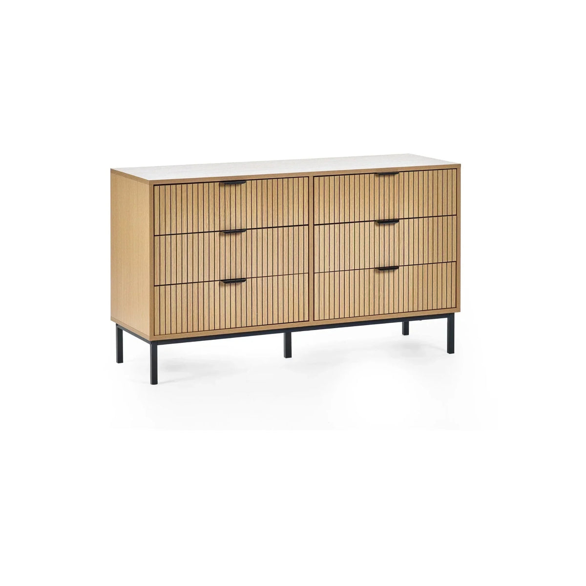 Oak six drawer chest with vertical groove detailing and black metal legs, angled view
