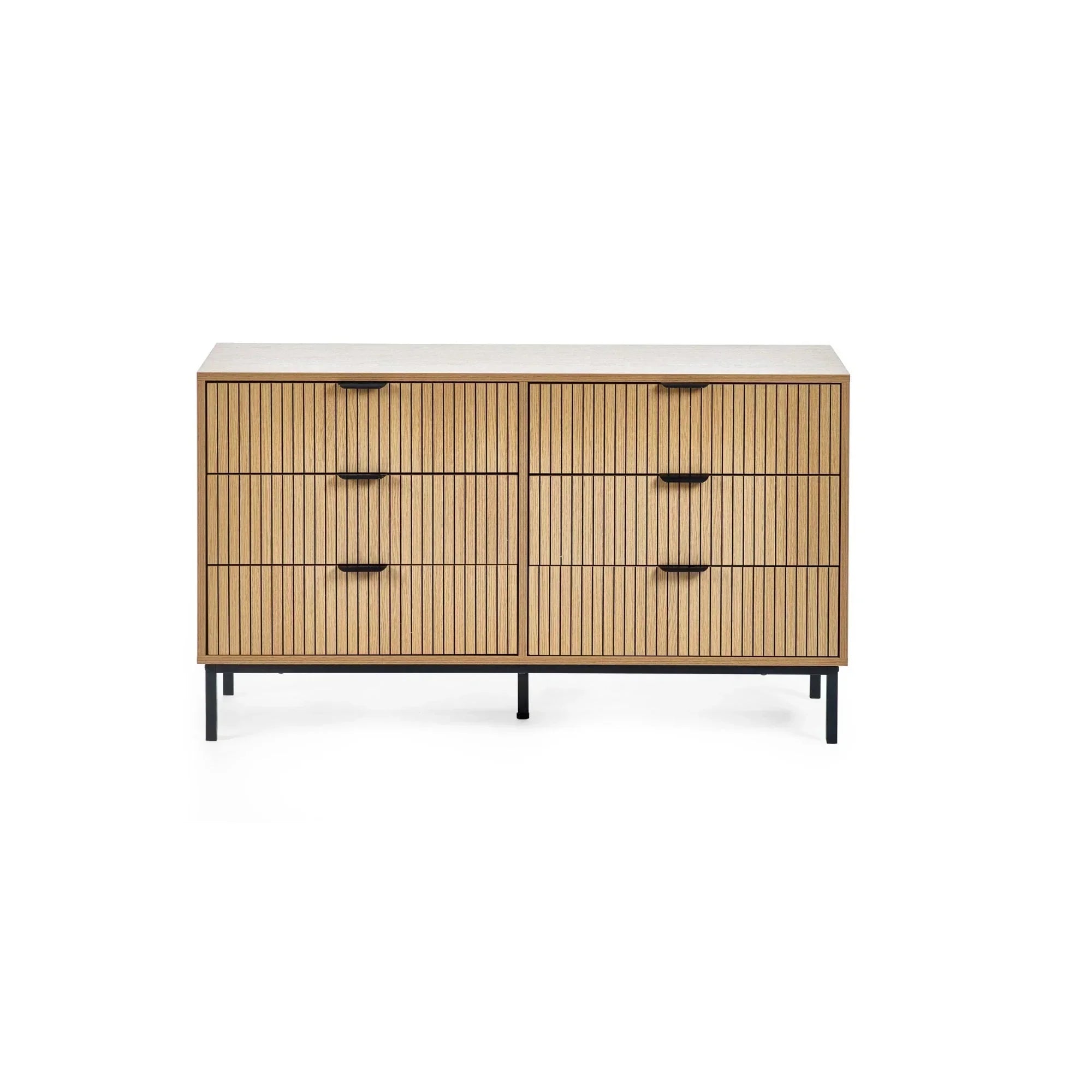 Oak chest of drawers with six vertical panelled drawers and black metal legs