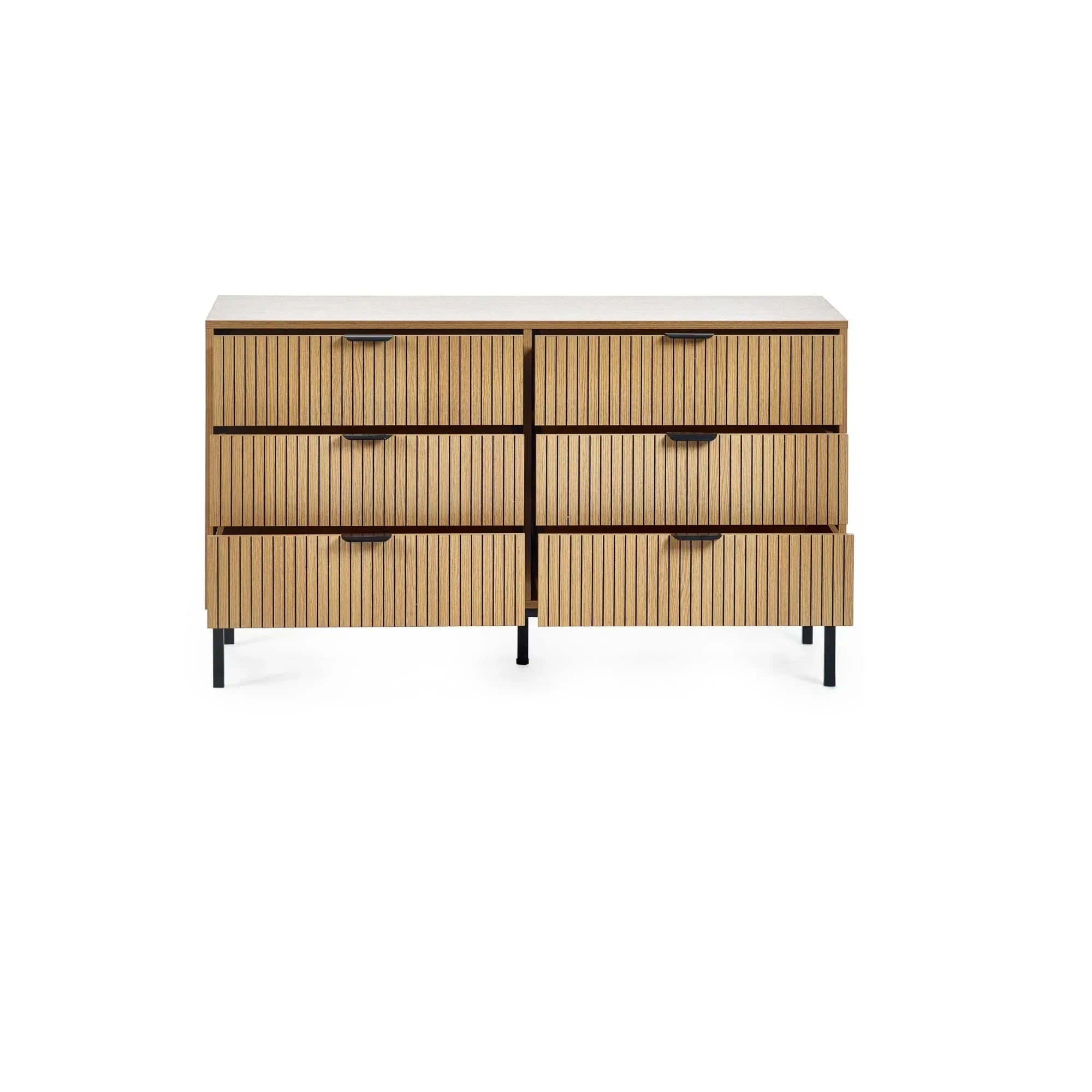 Six drawer oak chest with vertical slatted front and black metal legs