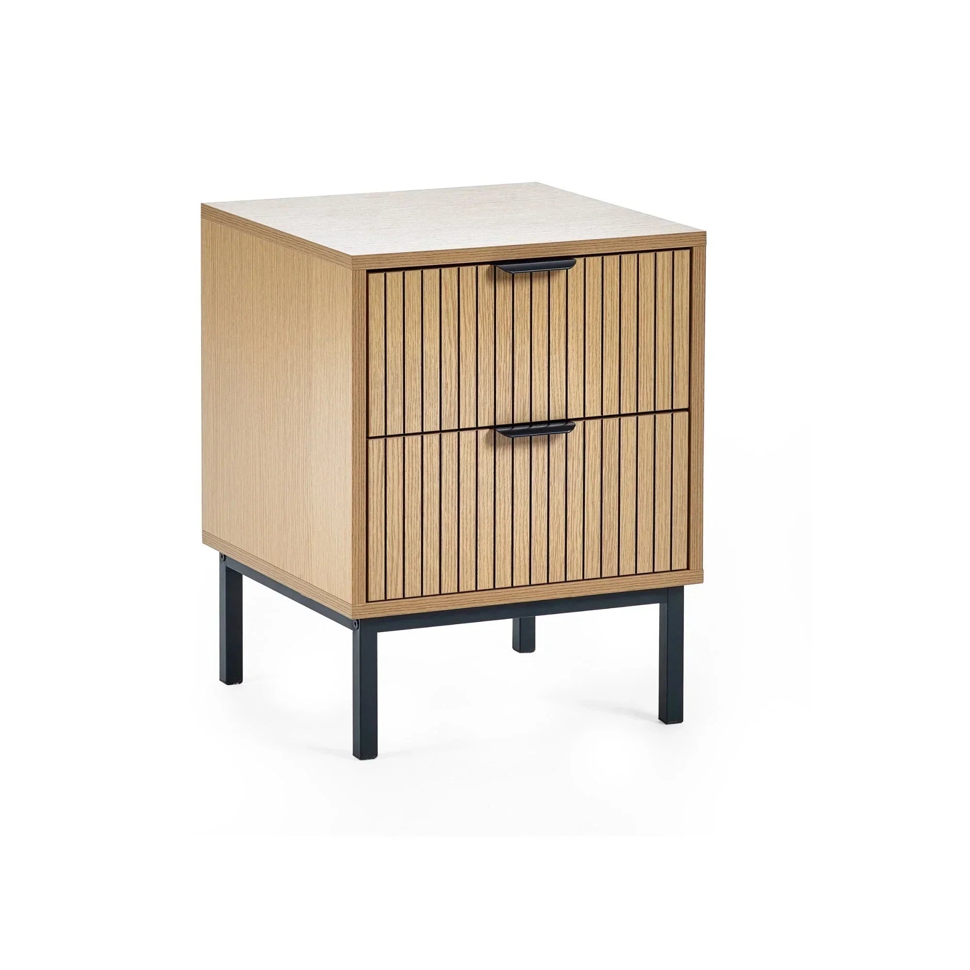 Oak bedside table with two drawers, vertical groove detail, black metal legs