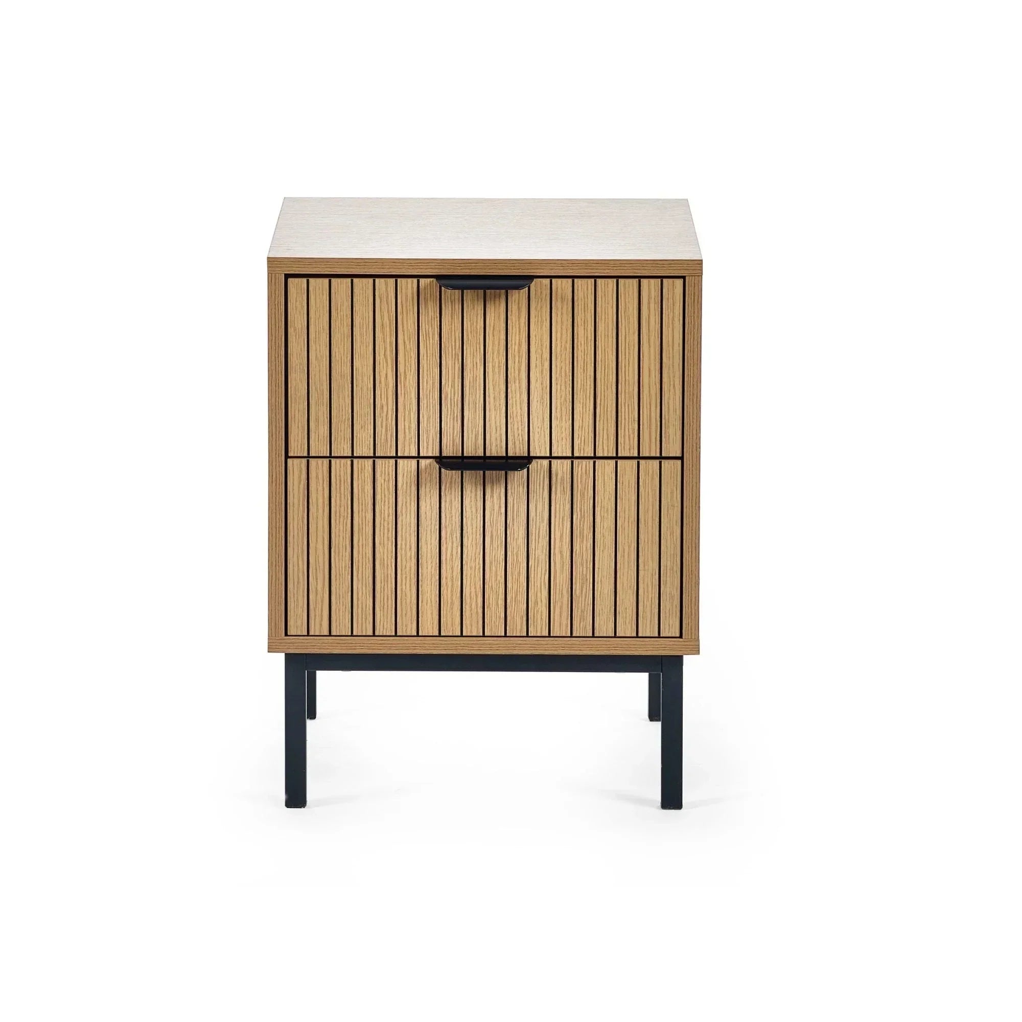 Wooden bedside table with two drawers, vertical slats, and black metal legs, front view