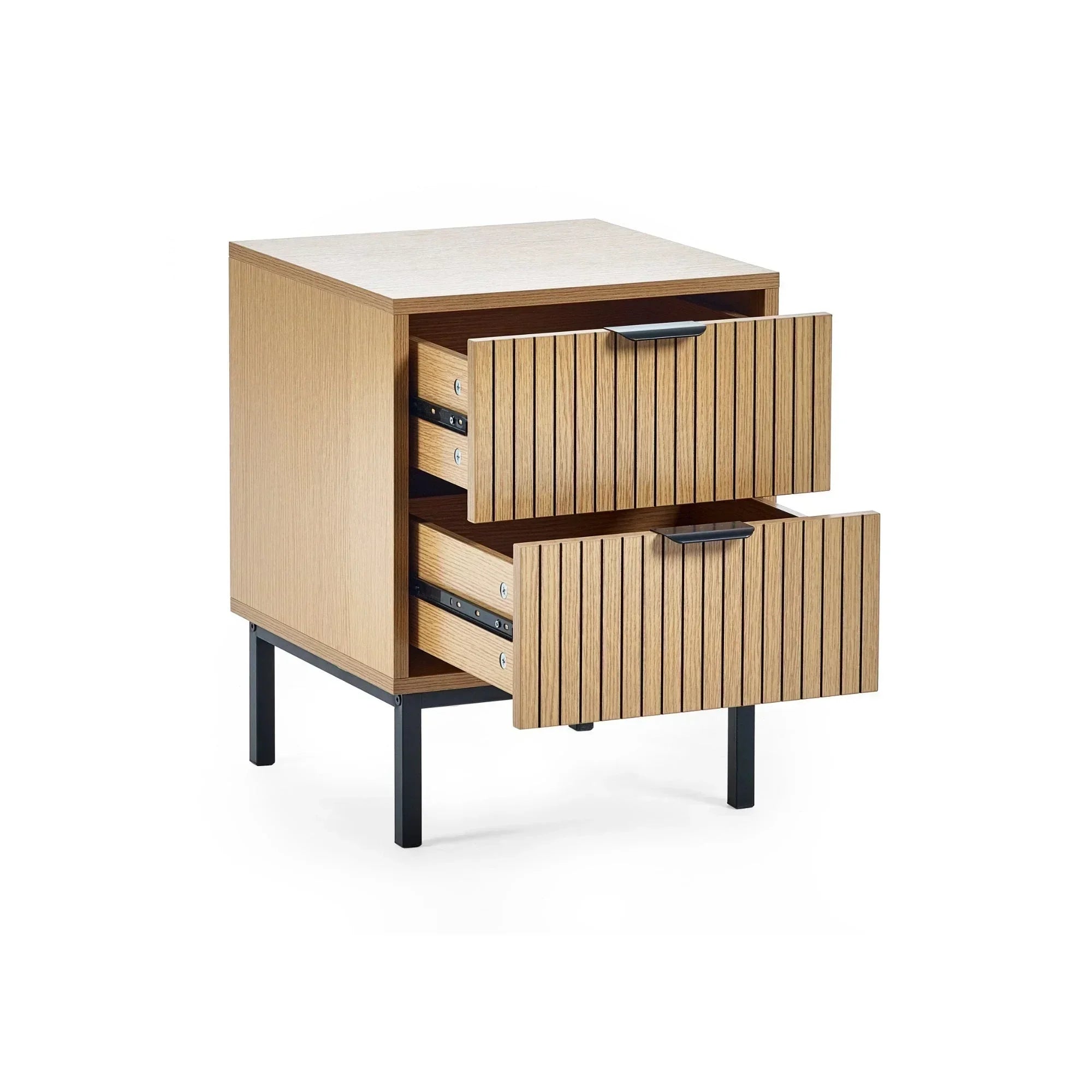 Oak bedside table with two open drawers, black metal legs, and vertical groove detail