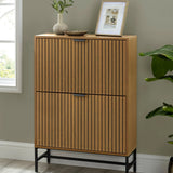 Tall wood slatted sideboard cabinet with metal legs in modern living room