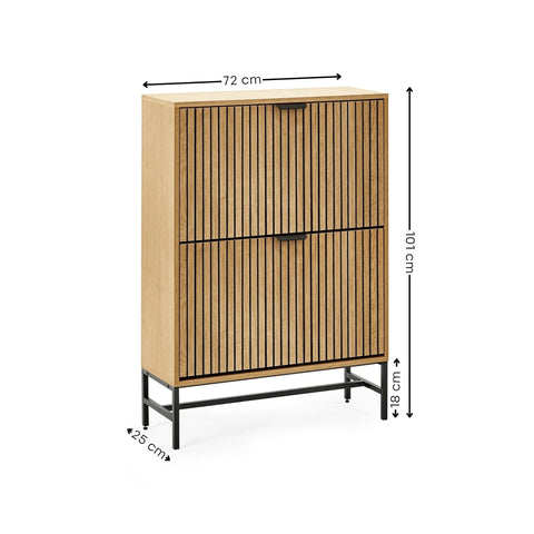 Wooden sideboard cabinet with slatted doors, black metal base and measurements displayed
