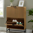 Wood shoe storage cabinet with slatted doors, pull-down compartment and two pairs of trainers
