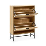 Oak shoe cabinet with black metal legs and three pull-down compartments