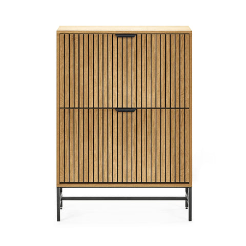 Oak sideboard cabinet with vertical slatted wood doors and black metal legs, front view