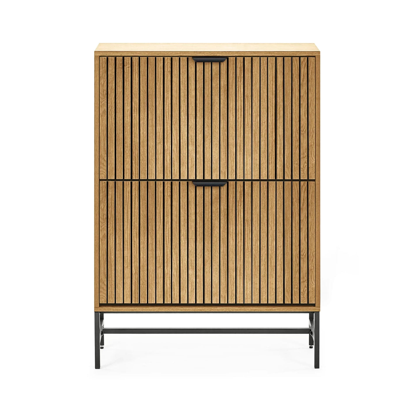 Oak sideboard cabinet with vertical slatted wood doors and black metal legs, front view