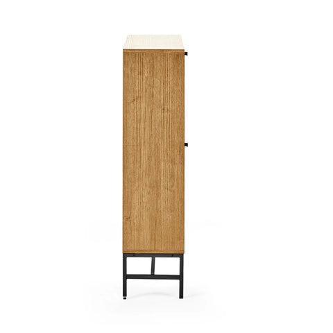 Side view of wood cabinet with black metal legs and textured oak finish