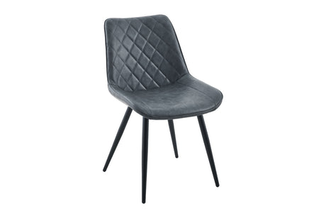 A modern dining chair with a dark gray quilted faux leather seat and backrest, supported by four slim black metal legs, shown against a plain white background.