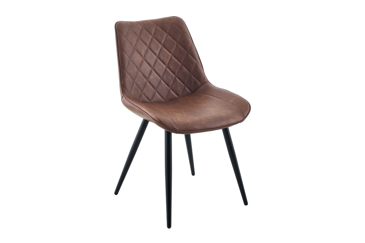 A modern dining chair with a brown quilted faux-leather upholstered seat and backrest, supported by four slim black metal legs, shown against a plain white background.