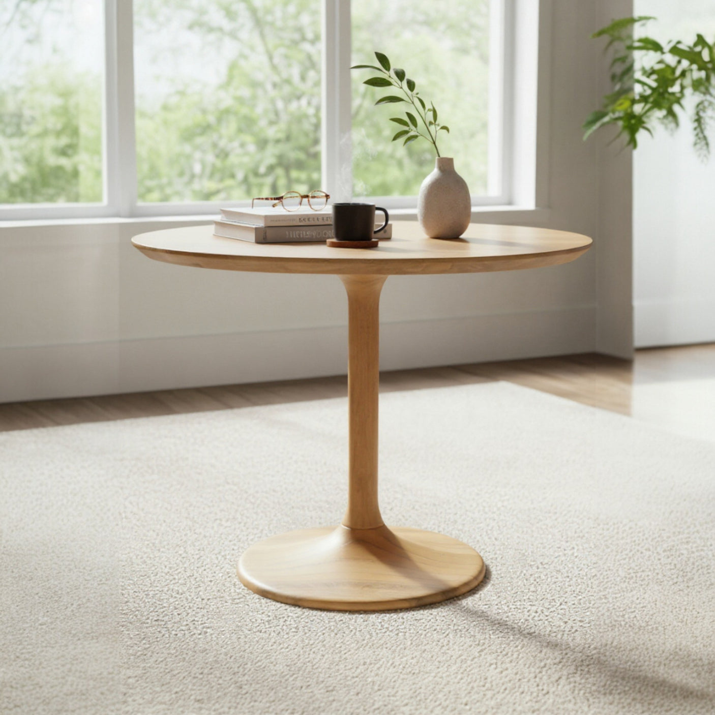 Wooden side table with a vase and mug in a room with large windows.