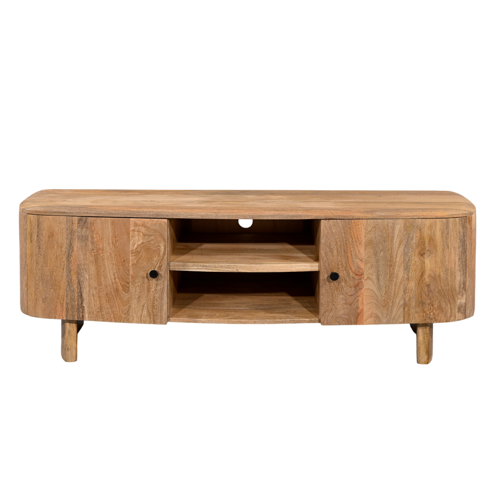 Wooden TV stand with shelves on a white background