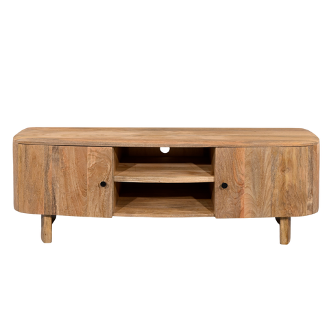 Wooden TV stand with shelves on a white background