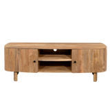 Wooden TV stand with shelves on a white background