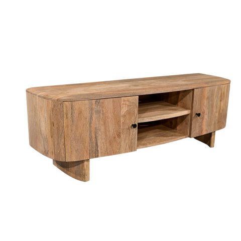 Wooden TV stand with a natural finish on a white background