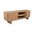 Wooden TV stand with a natural finish on a white background