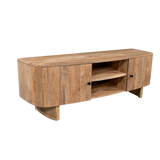 Wooden TV stand with a natural finish on a white background