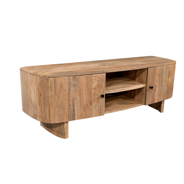 Wooden TV stand with a natural finish on a white background