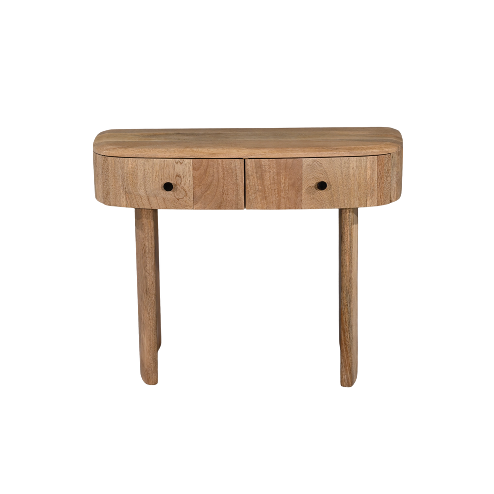 Wooden console table with two drawers on a white background