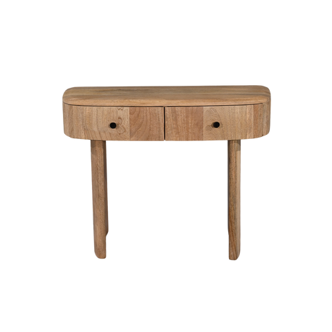 Wooden console table with two drawers on a white background