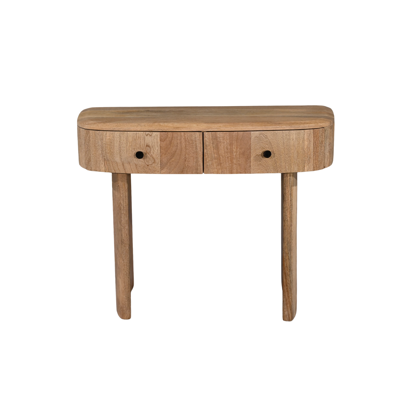 Wooden console table with two drawers on a white background