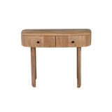 Wooden console table with two drawers on a white background