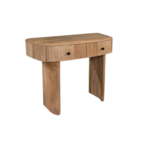 Wooden console table with two drawers on a white background