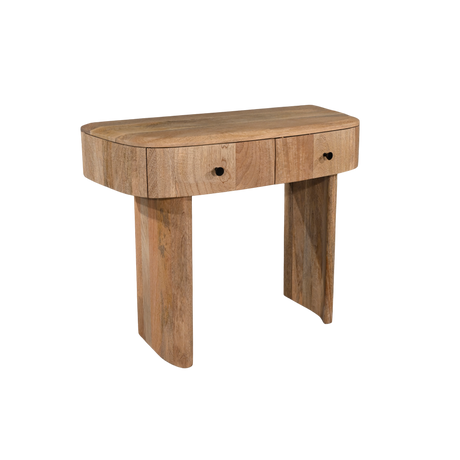 Wooden console table with two drawers on a white background