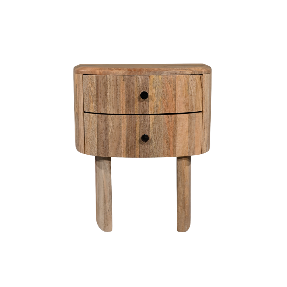 Wooden nightstand with a single drawer on a white background