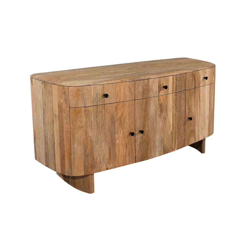 Wooden sideboard with four drawers on a white background
