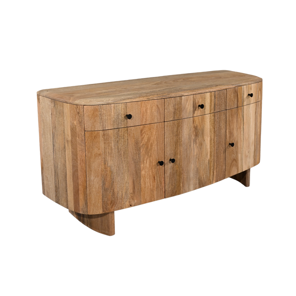 Wooden sideboard with four drawers on a white background