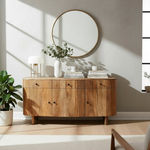 Wooden sideboard with decorative items in a bright room