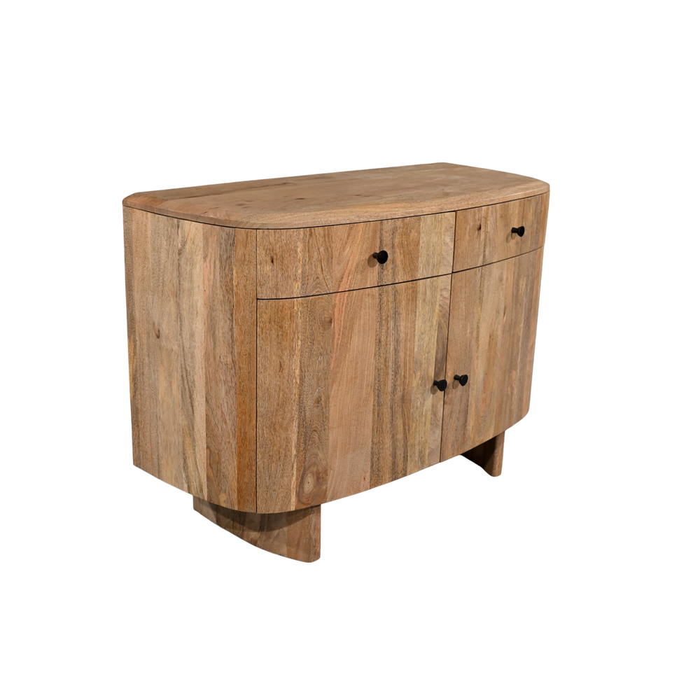 Wooden sideboard with curved design on a white background