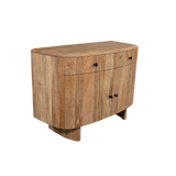 Wooden sideboard with curved design on a white background