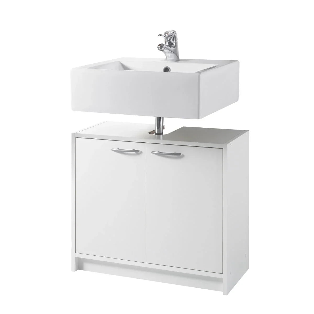 White under sink cabinet with dual doors and chrome handles for bathroom storage