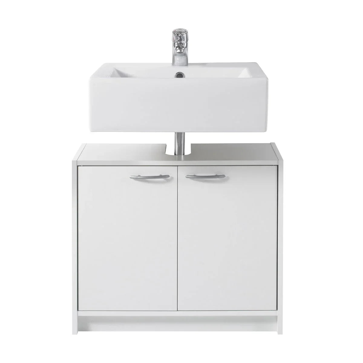 White under sink unit with double doors and chrome handles, modern bathroom storage furniture