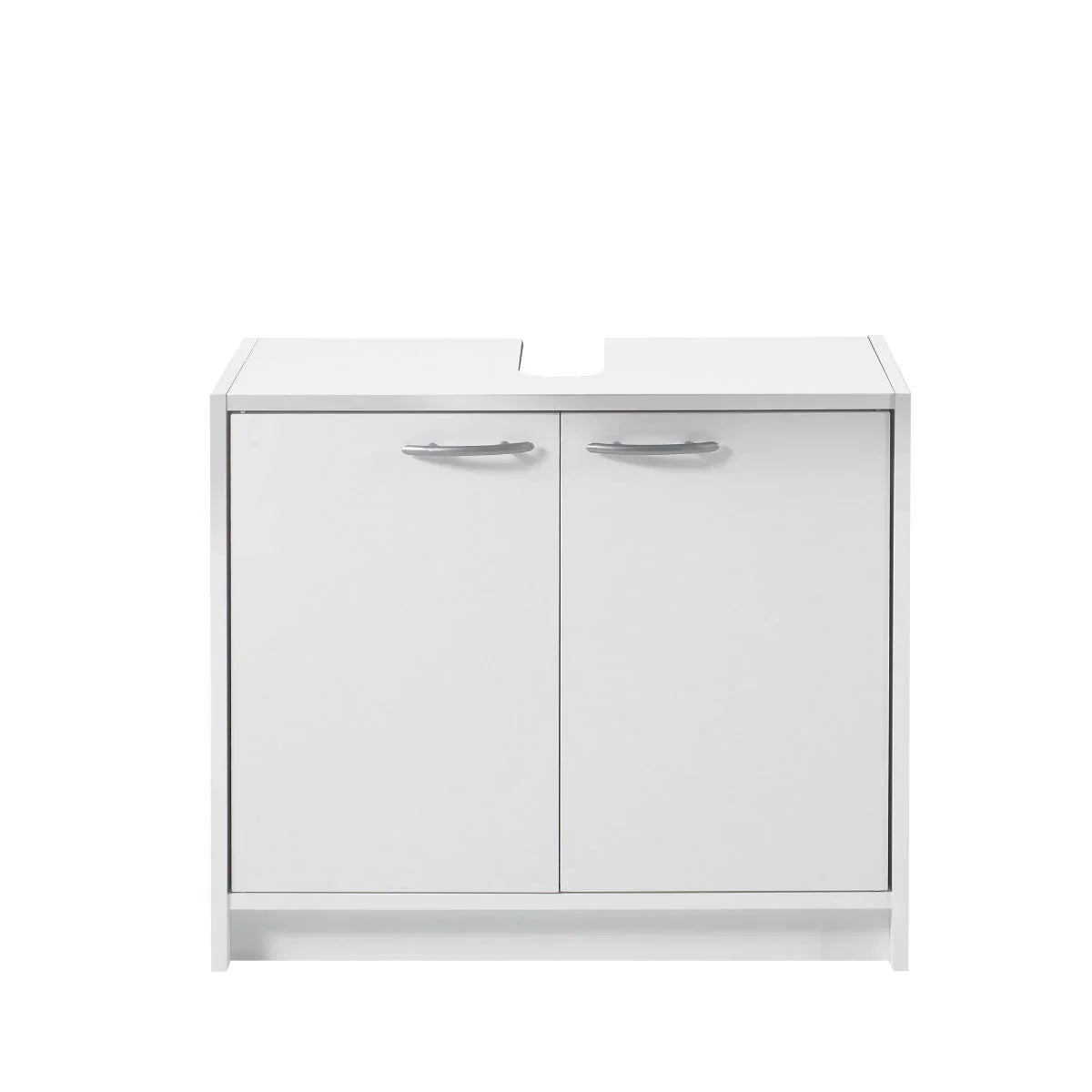 White under sink unit with double doors and silver handles, cutout for plumbing