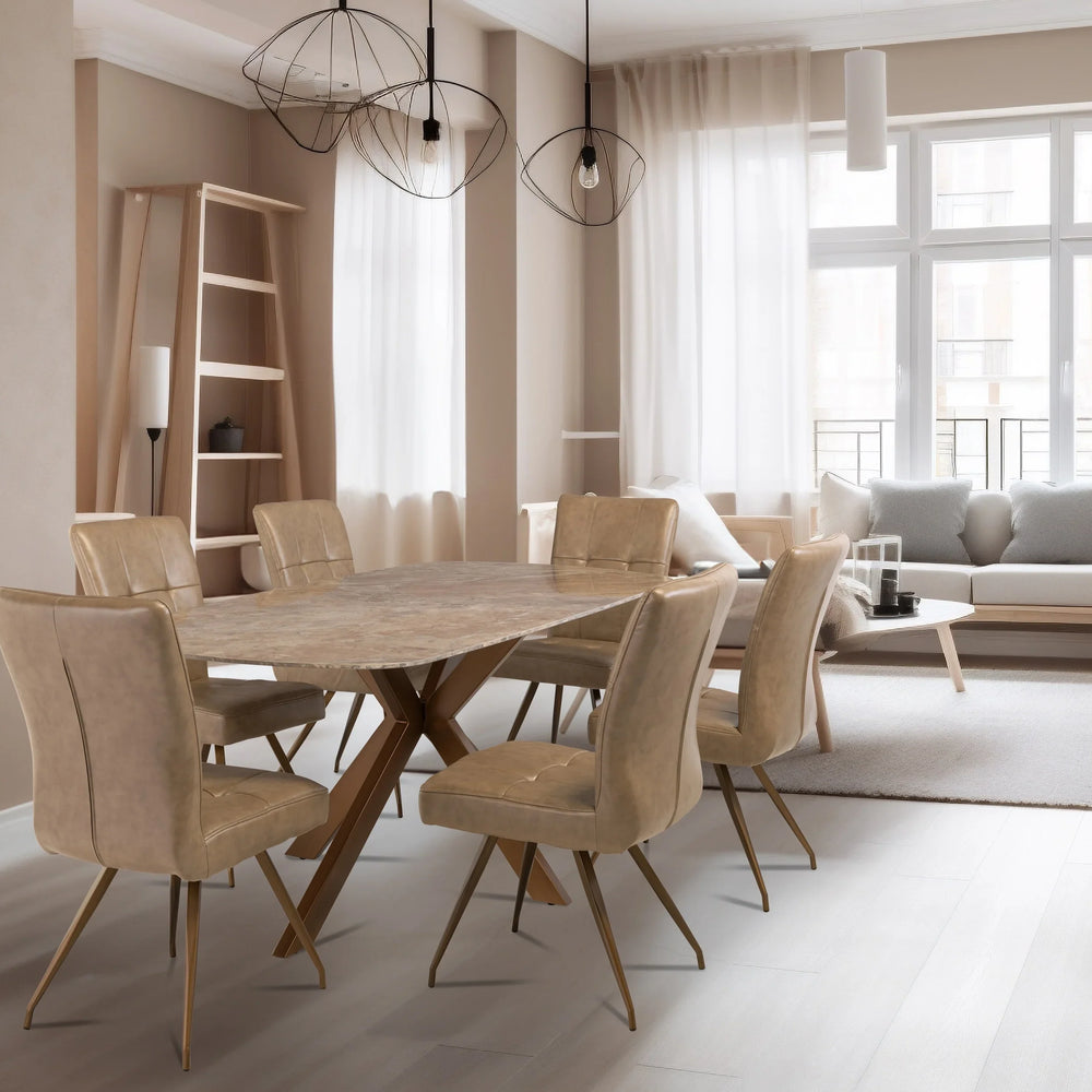 Elegant 1.8m Light Brown Marble Dining Table with Brass Legs