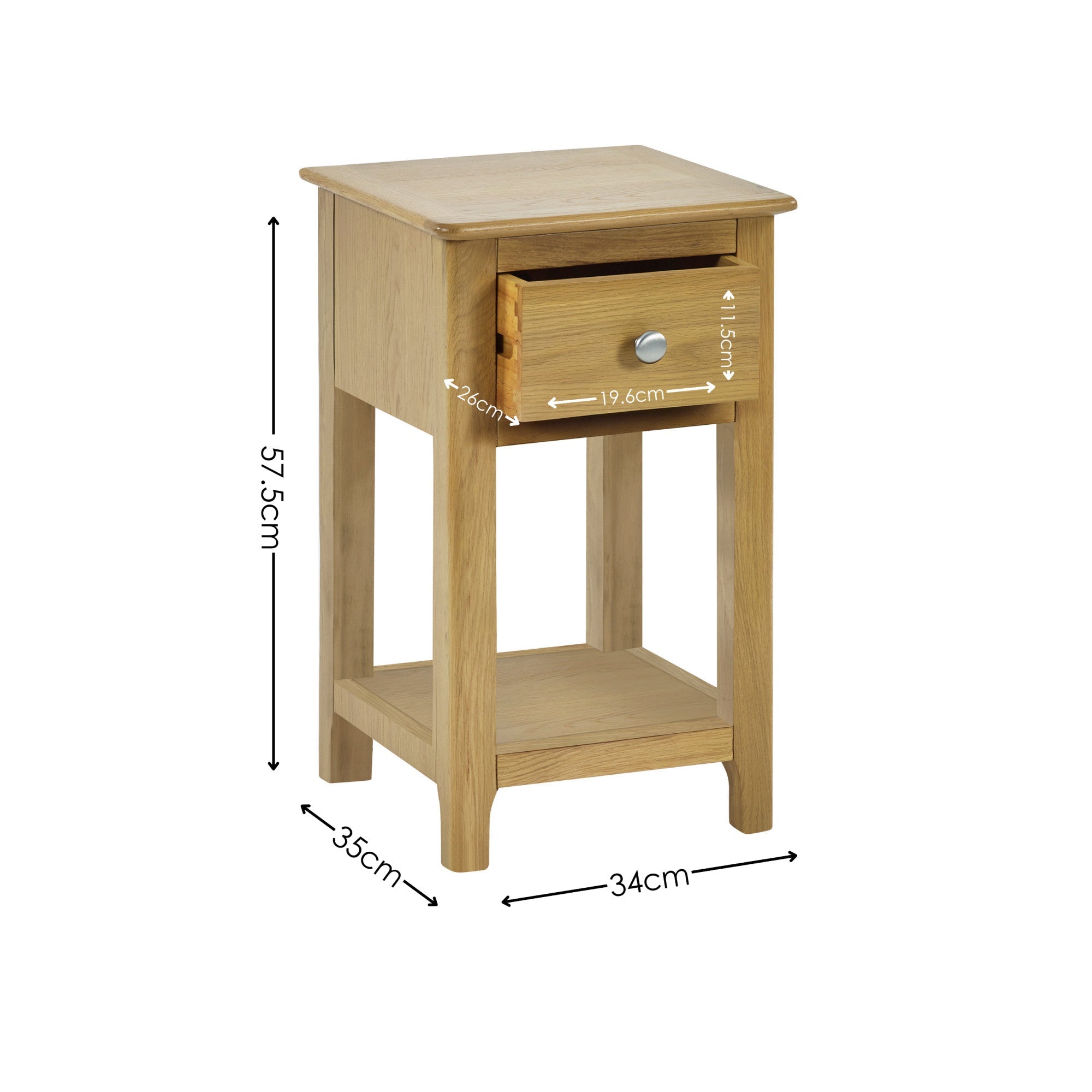 Light oak bedside table with drawer partially open alongside product dimensions labeled in centimeters