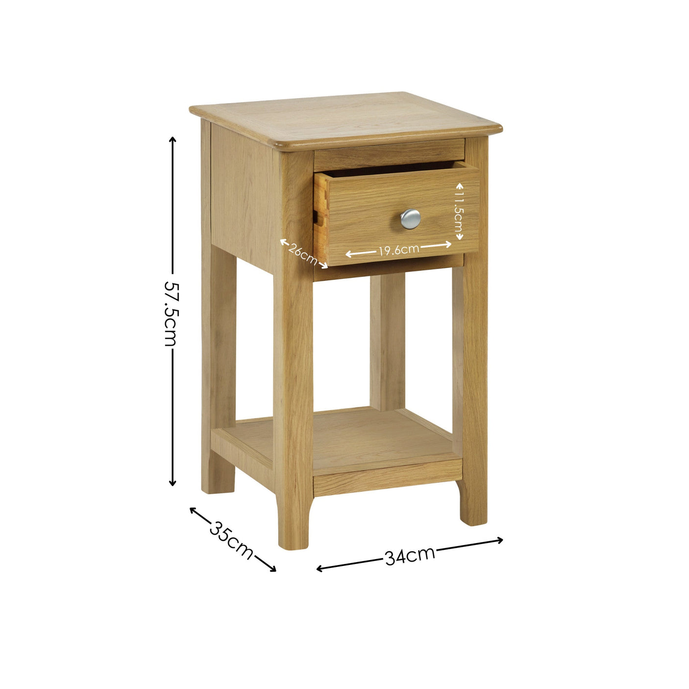 Light oak bedside table with drawer partially open alongside product dimensions labeled in centimeters