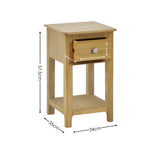 Light oak bedside table with drawer partially open alongside product dimensions labeled in centimeters