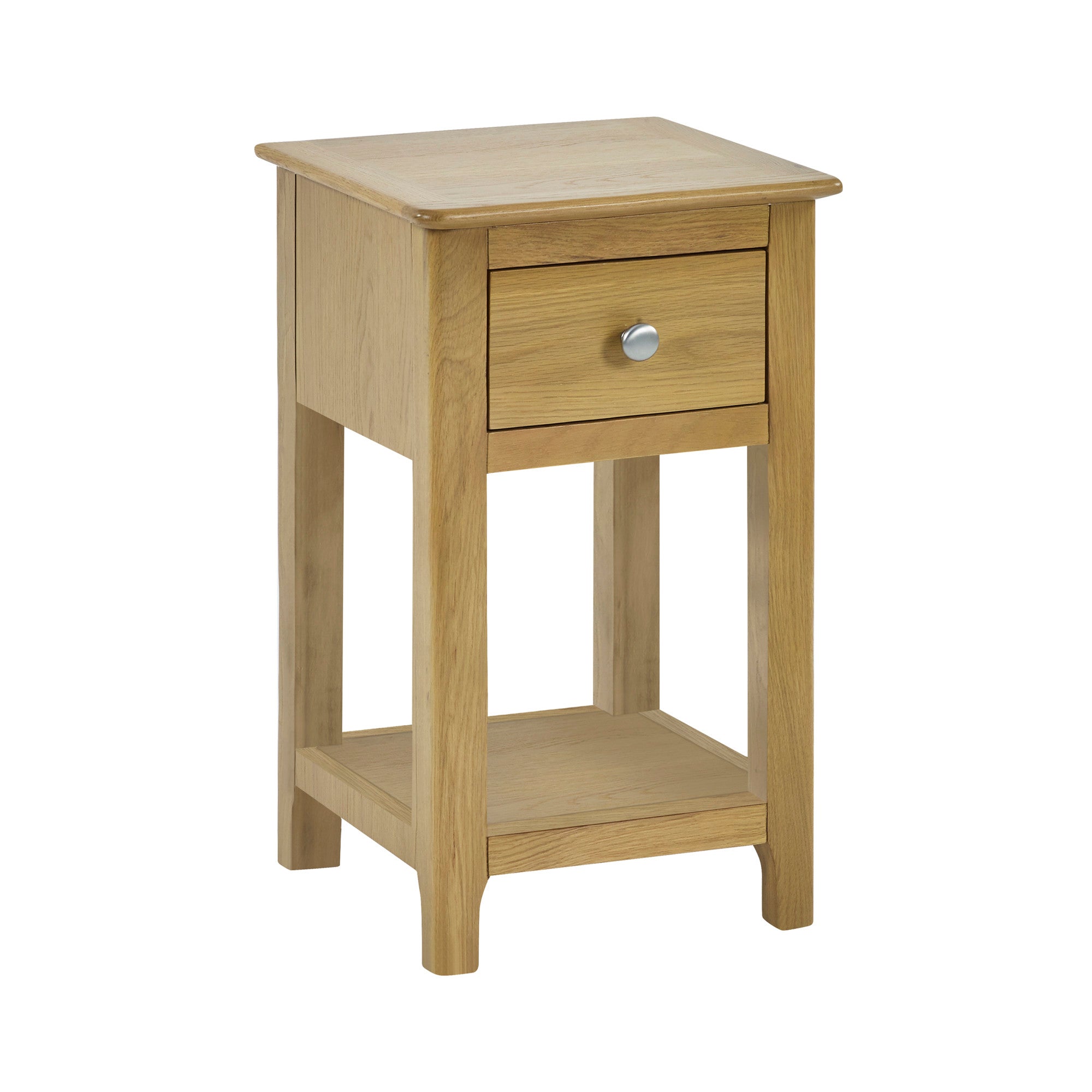 Isolated light oak bedside table with single drawer and open lower shelf, angled front view on white background
