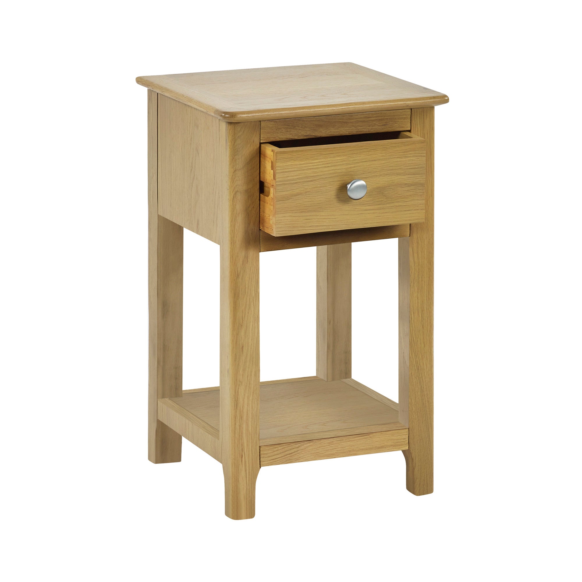 Light oak bedside table with drawer partially open revealing metal drawer knob and box joint drawer construction