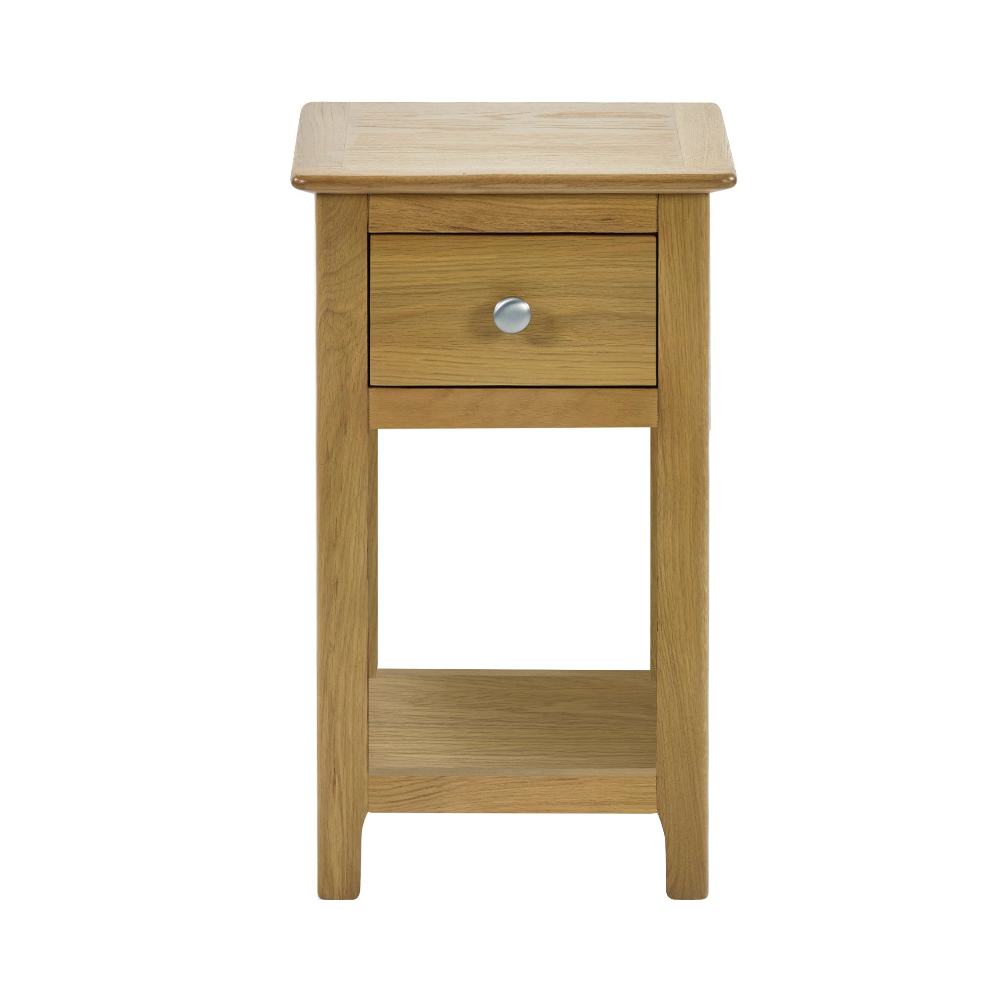 Front view of light oak bedside table with single drawer and open shelf below, silver drawer knob